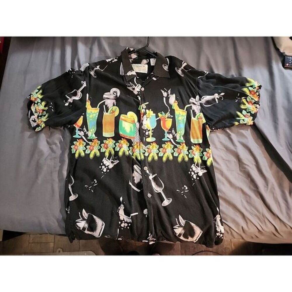 Thumbs Up Sportswear Mens Hawaiian Camp‎ Shirt Medium Black Cocktails Rayon